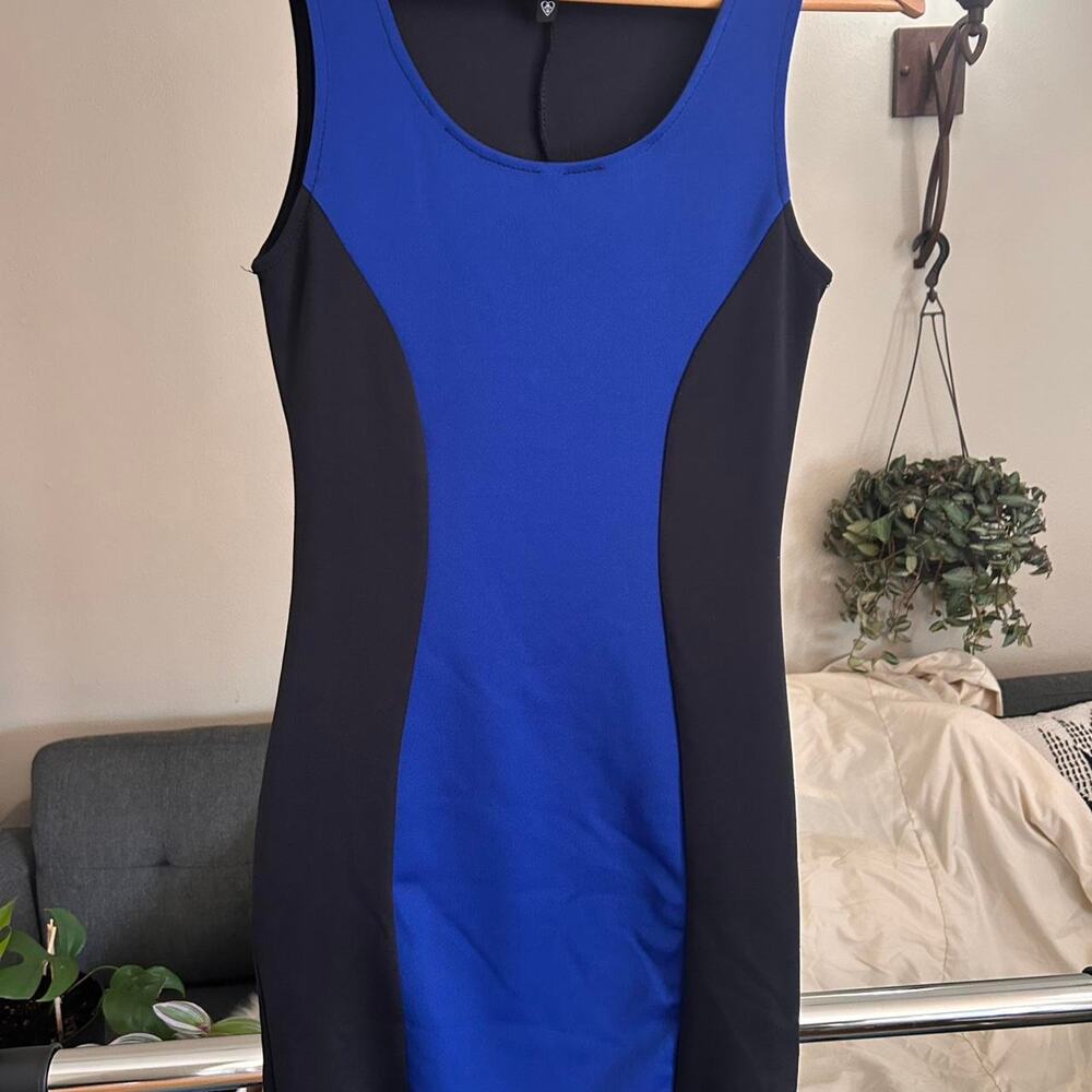 Blue Black Contrast Panel Bodycon Dress S Sleeveless Mini sexy